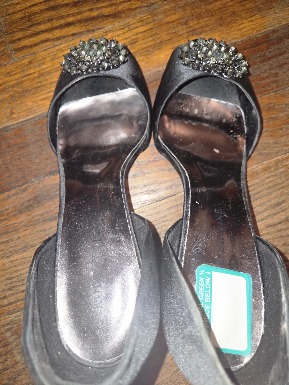 Audrey Brooke Black Satin Open-Toe Heels with Crystal Accent